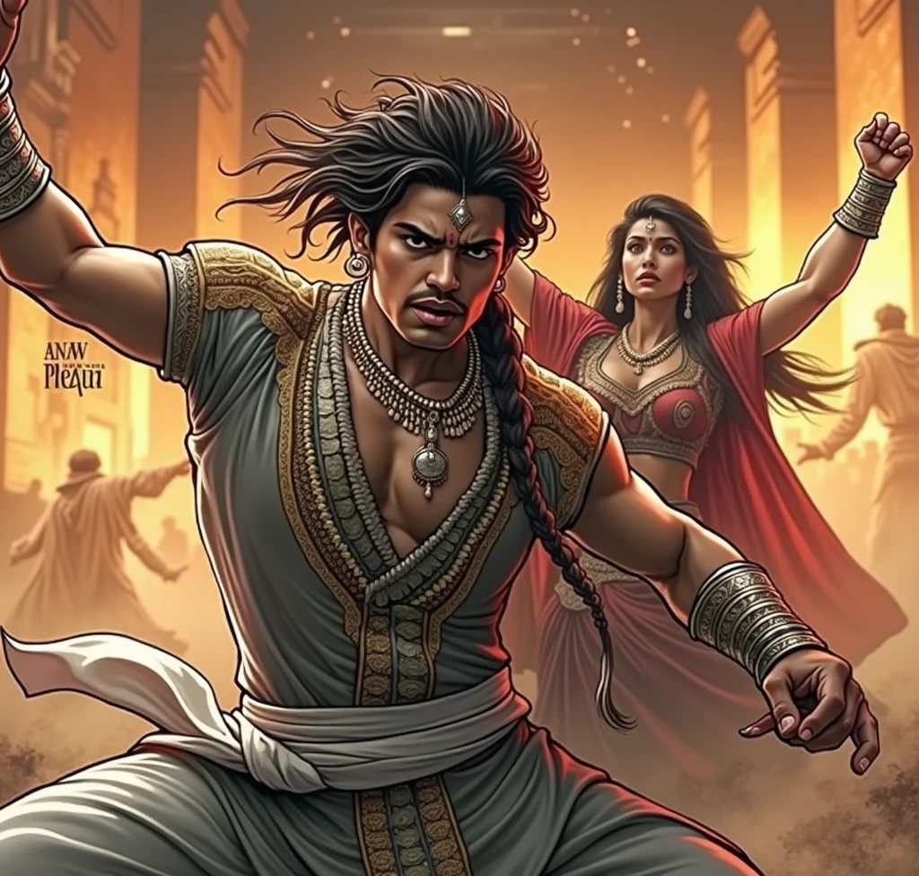 Comic style, Gandhari looking shocked and distressed upon discovering Dhritarashtra's blindness, with Shakuni’s face showing concern and disbelief."
