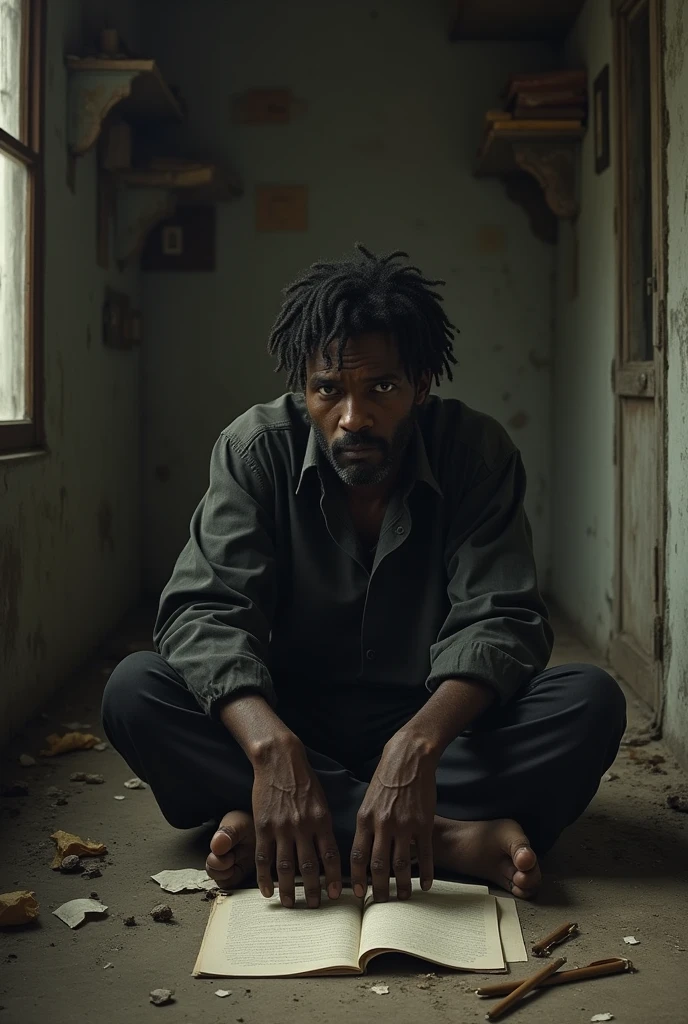 Seriously injured black man smoking while sitting on a ton of cocaine