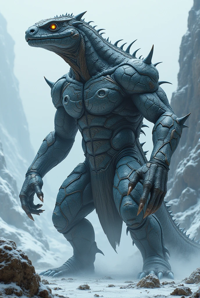 Blue alien with scales and an elongated humanoid face measuring two meters