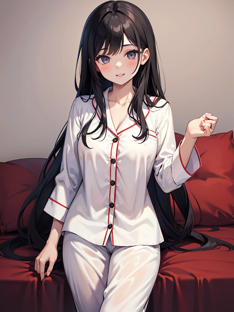 1girl, High Resolution, Long Hair, Breasts, Looking at viewer, Smile, Black Hair, Simple background, Parted Lips, Impressionism, Masterpiece, Best Quality, Textured Skin, UHD, Pajamas, White Pajamas, Silky Pajamas 