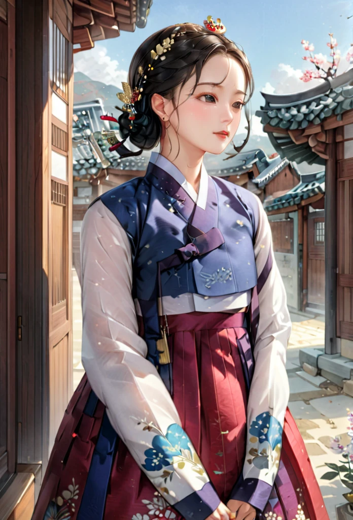 (masterpiece), (Detailed illustrations), top quality, illustration, (intricate details), (Korean style, realistic: 1.37), Close-up of upper body, Very delicate and beautiful, very detailed, 8K wallpapers, amazing, fine details, high resolution, very detailed eyes and face, Full body front view, (Looking for viewers: 1.4), Korean style Hanok, Traditional Korean Houses, Korean woman, The Girl in the Hanbok, (20 years old), pale skin, Black hair pulled up into a bun and decorated with gold decorative pins, headdress, earring, floral pattern, Summer hanbok made of thin material, Close-up photo of a woman standing in a wide, voluminous crimson hanbok skirt, beautiful, Gorgeous and classic, Detailed depiction of traditional Korean clothing,