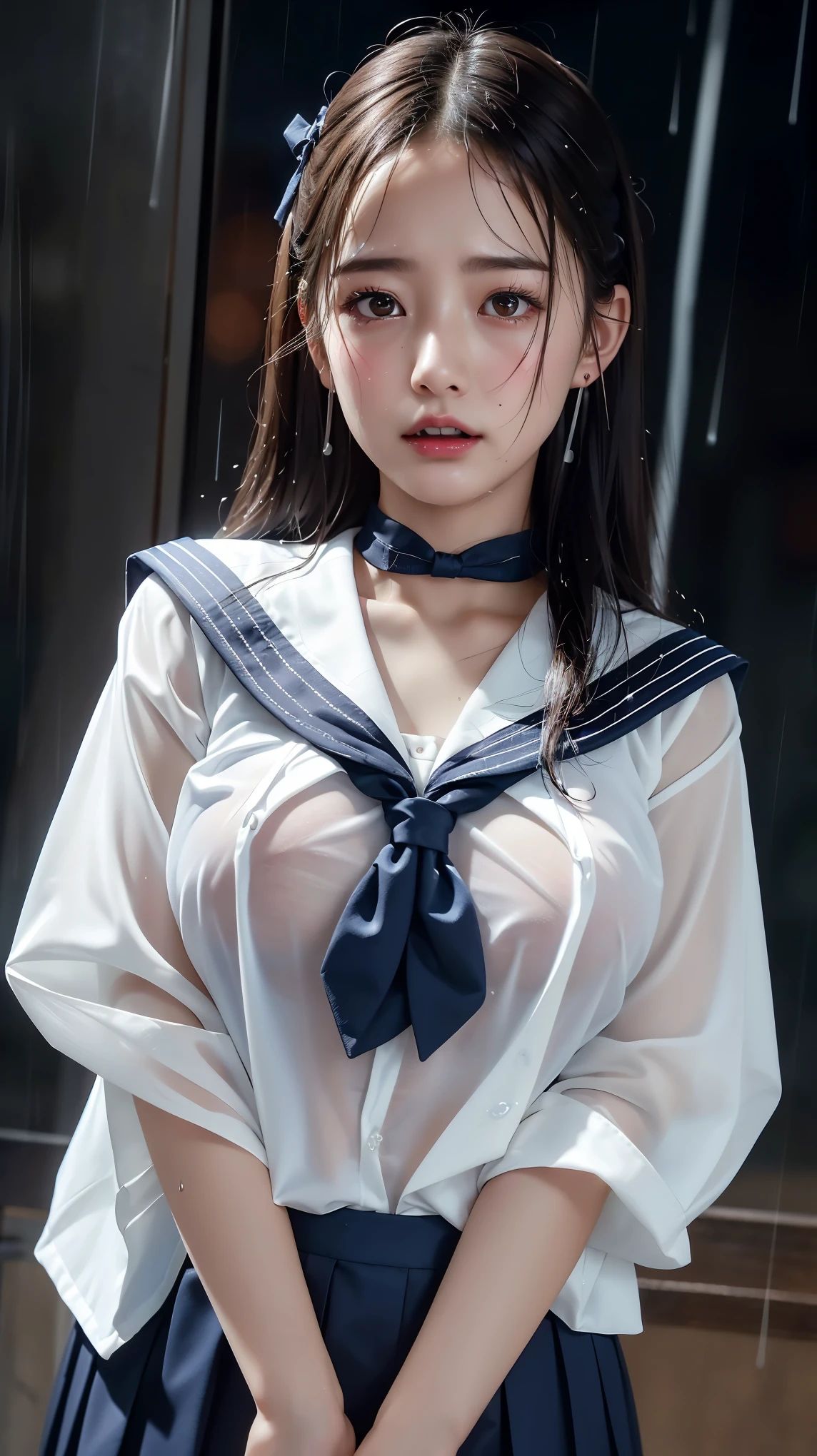 (One Girl), Very cute face, Great face and eyes, (Highly detailed eyes, Highly detailed face), Fresh, Very beautiful appearance, (Super realistic, High resolution), (highest quality:1.4), RAW Photos, (Realistic, Photorealistic:1.37), Professional photography , (wet see-through sailor suit:1.3) , (Cleavage:1.2) , Smile a little, (Look at me) , Portrait of a Girl , (Huge breasts) , () , (erect nipples:1.06) , (ponytail hair) , (Nipples can be seen through the sailor suit:1.3) , (pussy juice:1.3) , (tilt your head slightly) , full body , (mini skirt:1.2) , thin thighs