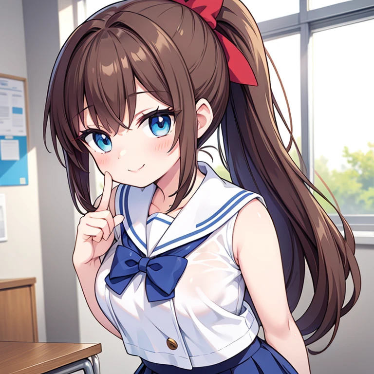 Masterpiece, best quality, high quailty, (Anime artwork, Anime Style, Very detailed, Latest, Vibrant, Anime Coloring, High Contrast, Highest quality, Best aesthetics), A woman wearing a sailor suit, Cropped tops, Pleated skirt, hair accessory, has Brown hair, ponytail, has Blue eyes, Perfect Proportions, Skin with attention to detail, cute, Detailed face, standing, Smile, School classroom, Accurate Fingers