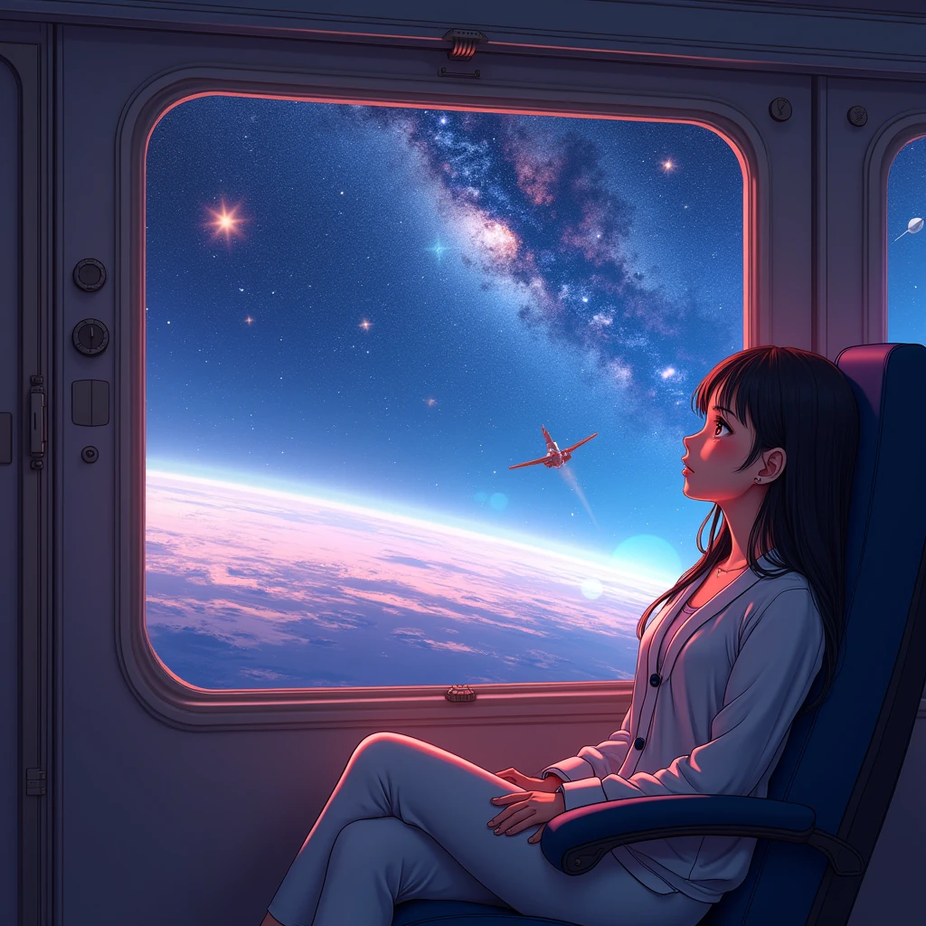 high quality、8k、Realistic anime drawings、In the dark planetarium、Stars on the wall、1 adult female、Age 25、(Long ponytail、skirt、knit)、((lie down on a reclining seat、close your eyes、sleep、blanket))