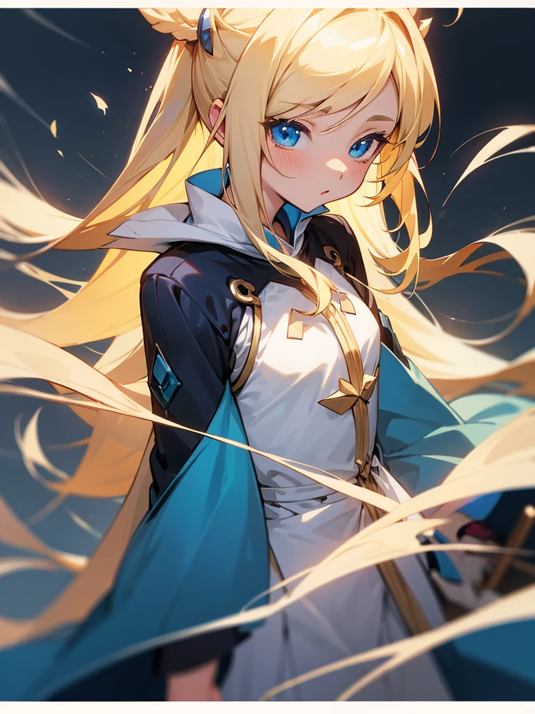 Un adolescent au cheveux blonds et des yeux bleu avec un uniforme blanc il se tient debout en tenant une épée jaune parmis des ruines