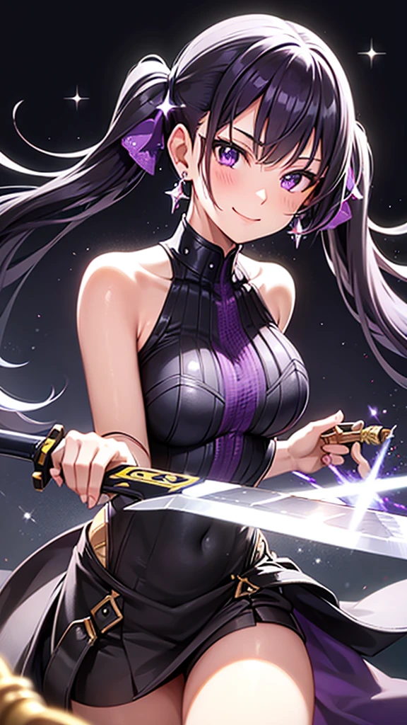 (masutepiece:1.0),(Illustration),(Extremely detailed),(1girl in), (Huge Girl), (Demon Girl) , (Heavy equipment), (Stomach) , (purple black hair), (Purple eyes), (Twin-tailed) , (Glowing eyes), (Open mouth), (Smirk) , (forest), (Night), (aura) , (From below)
