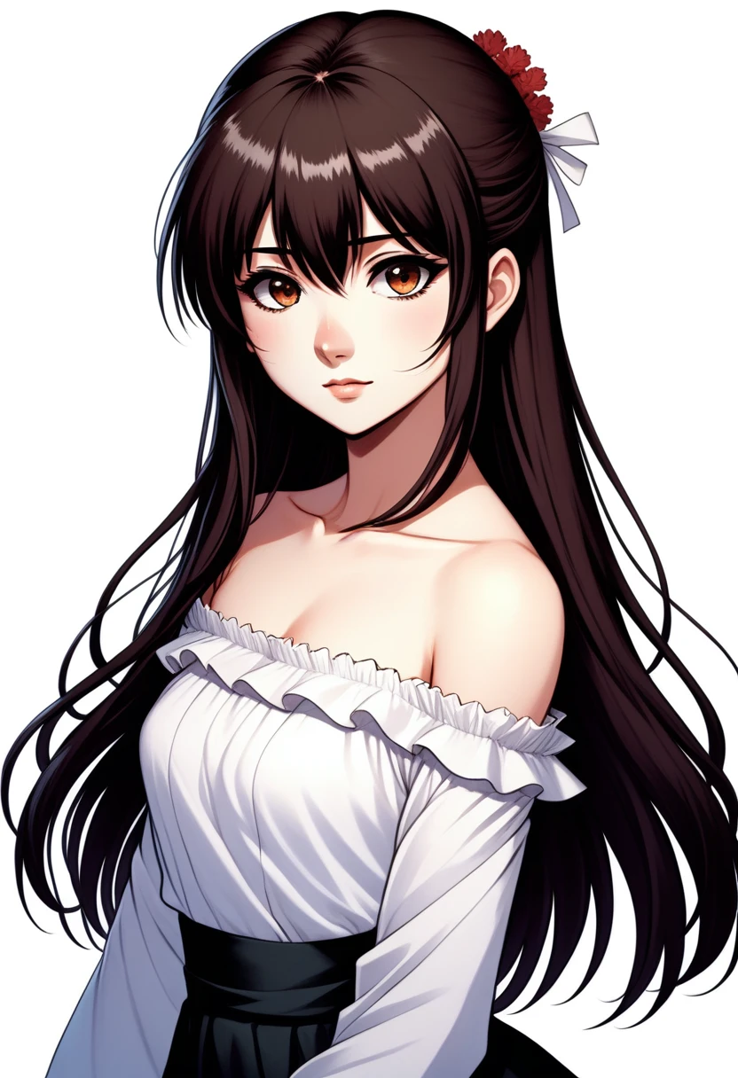 A young girl with long dark-brown hair and straight bangs, fair skin, and a slim build. On her face she has a large scar similar to the character “Utahime Iori” from “Jujutsu Kaisen”. She is wearing an elegant white off-the-shoulder, long-sleeved blouse; A very pretty short black ruffle style skirt