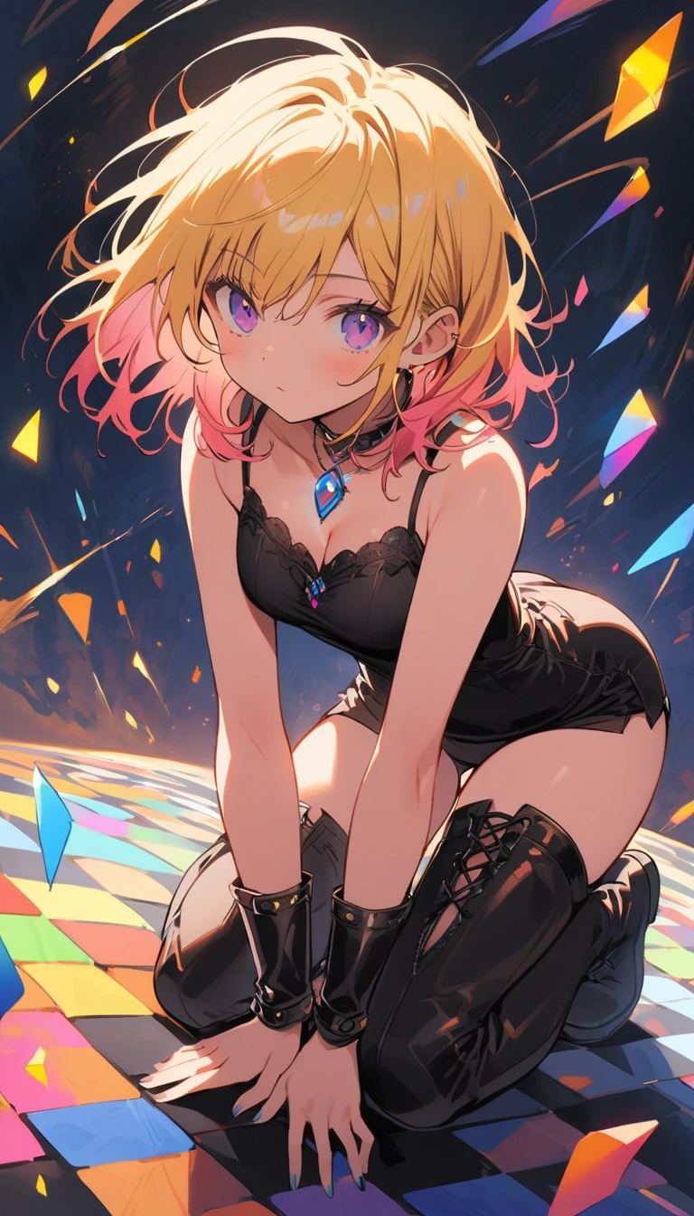 (masterpiece:0.7), Best Quality, figure, 1 Black Magician Girl, Short skirt, shirt, footwear, broken heart necklace, outside, black hole in the background, performer, null間, At the bed, Best Quality, High resolution, Very detailed, Detailed Background, Perfect lighting, (colorful, Bright colors:1.4), Blonde, Cotton candy cloud, null, smile, Dynamic pose, Beautiful pose, (only), (Floating Color Ink:1.15), (Muchos toques colorfuls:1.0), (Floating Pink Blade:1.25), (Vortex Magic:1.1), (relaxed, cake:1.2), (Multicolor:1.0), (A delicate and beautiful shine:1.0), (Slime Body:1.2), (Dark look:1.0), (Open your mouth:1.0), (Shadow), (Blonde:1.4), (By width:1.0), (From the back:1.3), (Devil's Halo:1.3), (lower one's head:1.0), (Dynamic pose:1.1), (Asymmetrical Hair:1.2), (ブルーカラーのshirt:0.7), (army), (y Dress), :1.4), Diagonal stripe, Blonde, (Floating Cable:1.0), (winter:1.4), (internal, Inside the room:1.1), (((tiara, The witch has))), (Standing on one leg:1.1), (Glowing Skin:1.1), (Upper Body:1.25), latex clothing, Body of the Goddess, Half nake