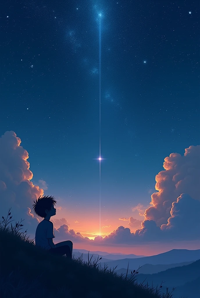 Create a wallpaper in 4k of a boy looking in the sky at night
