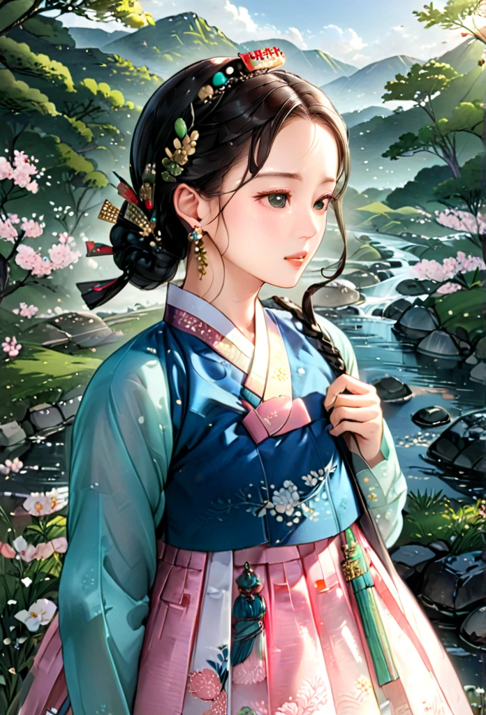 (masterpiece), (Detailed illustrations), top quality, illustration, (intricate details), (Korean style, realistic: 1.37), Close-up of upper body, Very delicate and beautiful. 1 woman, alone, Korean woman wearing a summer hanbok made of soft material, The Girl in the Hanbok, (20 years old), pale skin, Black hair pulled up into a bun and decorated with gold decorative pins, headdress, earring, floral pattern, Summer hanbok made of thin material, Close-up photo of a woman standing wearing a wide, voluminous pink hanbok skirt, beautiful, Gorgeous and elegant, Detailed depiction of classic Korean traditional costumes, Green trees and grass, clear and clean stream, Detailed and detailed background representation with stones,