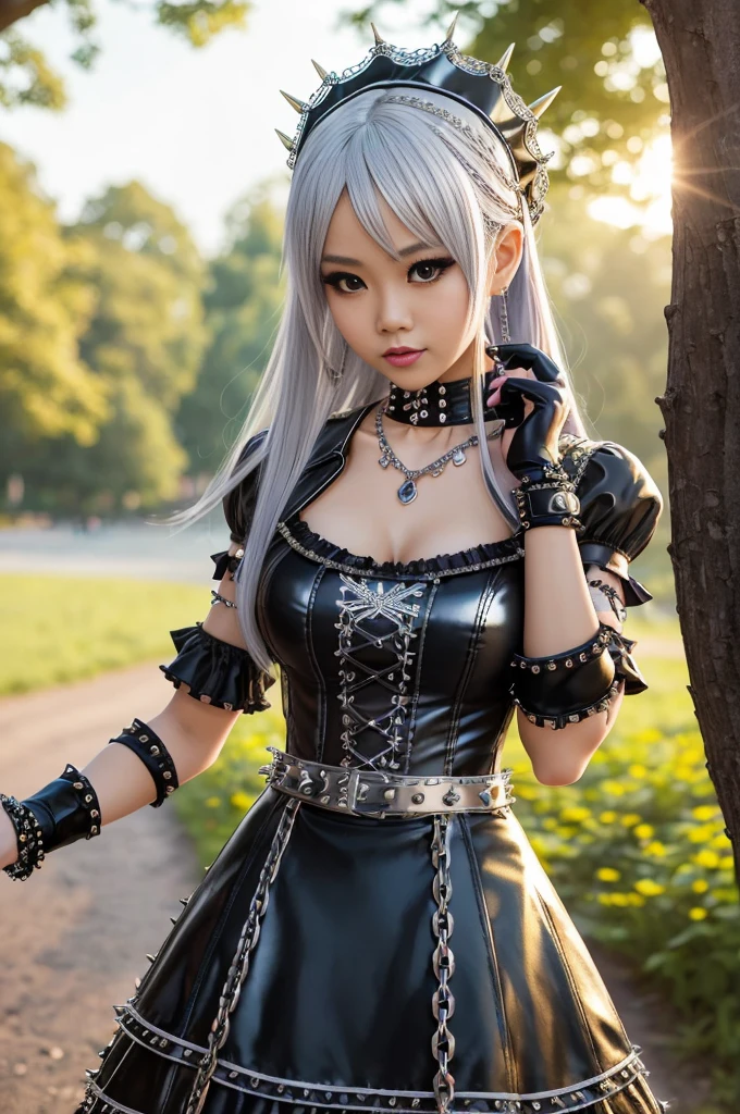 (nsfw), sexy stylish female model, only 1 female, ((doll-like appearance)), long dramatic platinum blonde stylish hair, ((shiny Punk-Style boots)), (big smile), ultra detailed eyes, Punk makeup, lipgloss, ((sexy Punk Lolita cosplay)), unconventional skirt, petticoats, high neckline, ((ultra detailed lace)), ((ultra detailed embroidery)), intricate details, tartan patterns, silver chains, silver spikes, safety pins, Punk Lolita accessoires, Punk Lolita choker, ((large sparkling Punk Lolita jewelry)), cinematic light, detailed large park background with trees