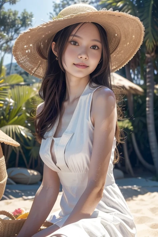 Real Photo,High resolution, Anatomically correct, High detail, Highest quality, A 20-year-old pure Japanese woman, Gentle smile, White sleeveless long dress, Large Breasts, Straw hat, Late summer beach, Natural beaches, Blowing in the fresh breeze, Dramatic backlighting, Sparkling sunlight, Sparkling shoreline