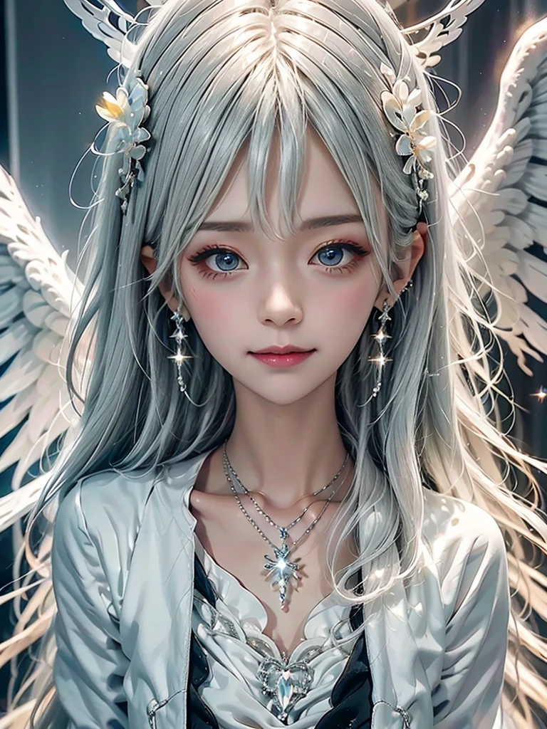 Long Hair, accessories, Earrings, Accurate, happiness/joy, Angel Halo, Sparkle Effect, Angel Silver Hair, ハート型のEarrings, Heart-shaped eyes, star