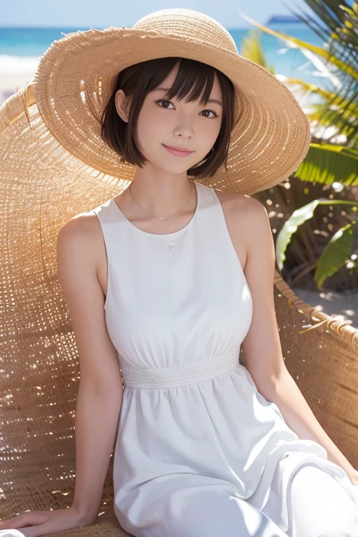 Real Photo,High resolution, Anatomically correct, High detail, Highest quality, A 20-year-old pure Japanese woman, Gentle smile, White sleeveless long dress, Large Breasts, Straw hat, Late summer beach, Natural beaches, Blowing in the fresh breeze, Dramatic backlighting, Sparkling sunlight, Sparkling shoreline