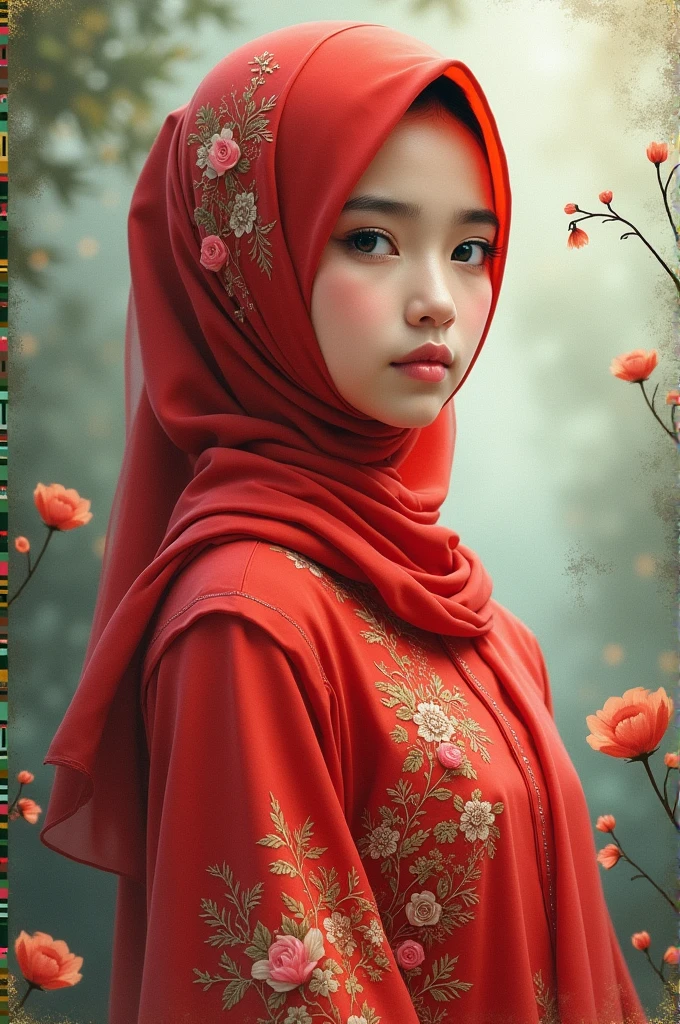 A cute girl wearing a head scarf holding a malaysian flag and hibiscus with a johore flag