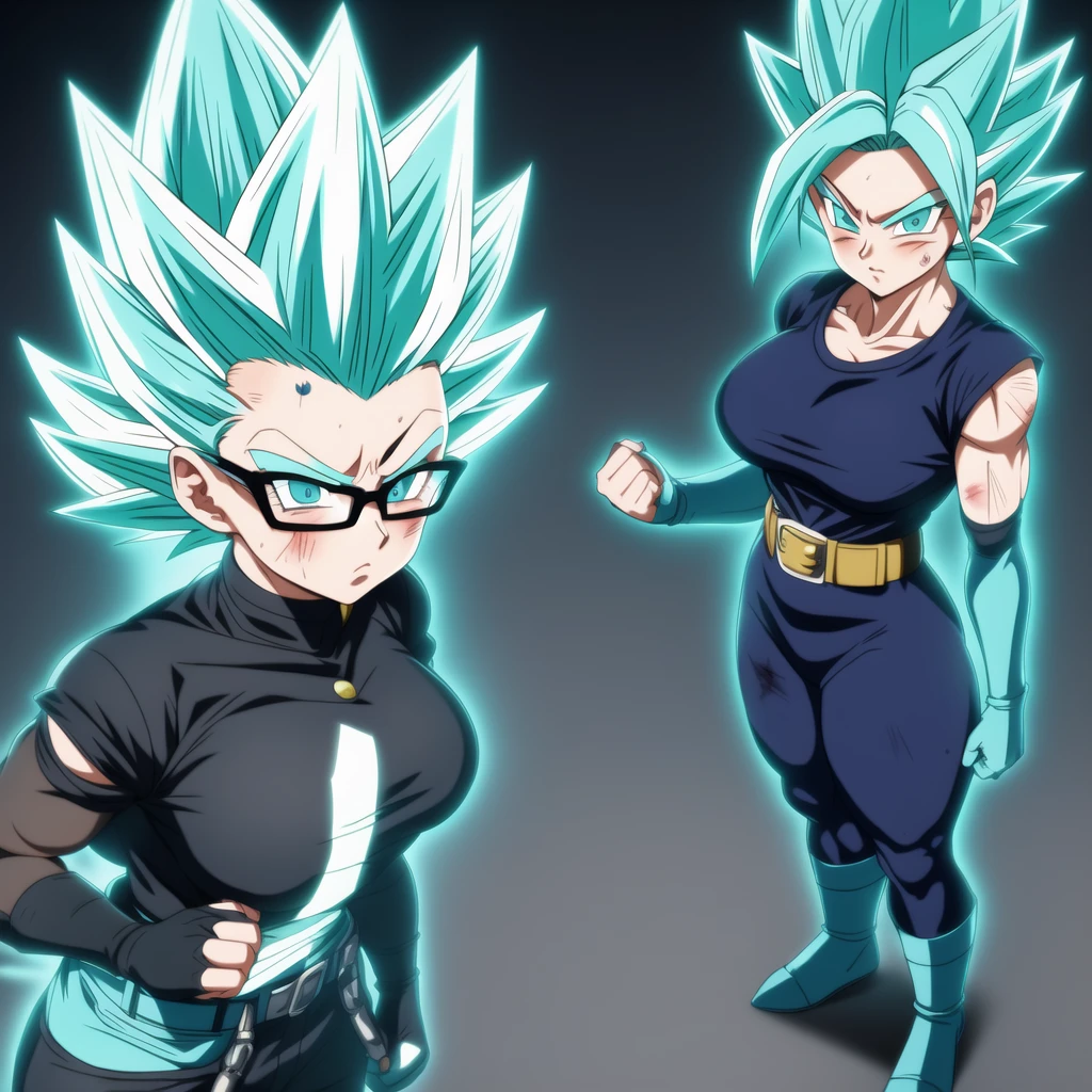 dbsuper style, 
Girl, green aura, super saiyan aura, belt, cyan hair, huge hair, bruise, bruise on face, clenched hands, frown, glasses, gloves, blue eyes, grey gloves, injury, medium breasts, soft muscular, solo, spiked hair, super saiyan, super saiyan 4, mouth opened, furious, military's uniform, widow's preak
, ((masterpiece)) 
