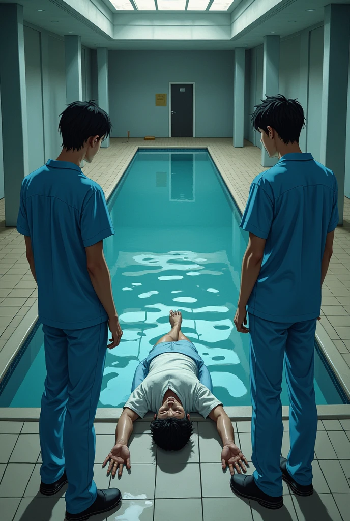Group of school girls in long black skirts and long hair drowning dead girl in bath with their hands