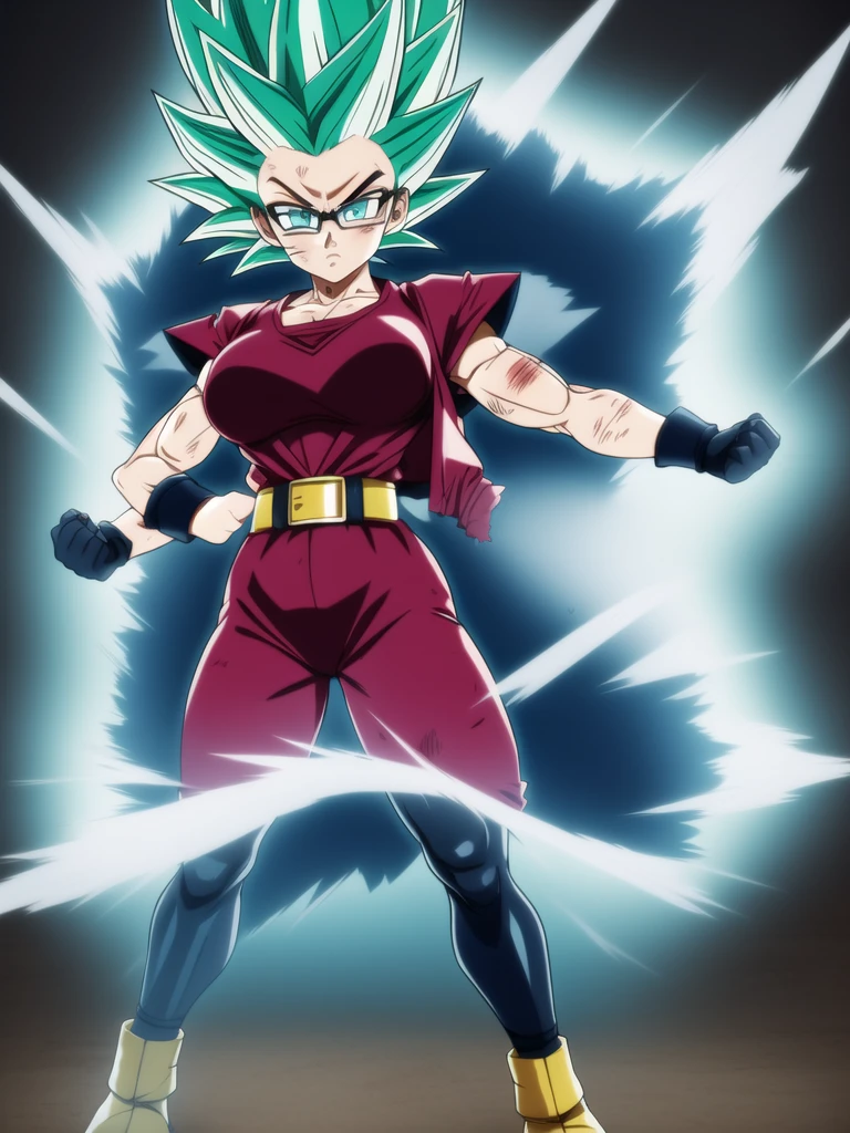 dbsuper style, 
Girl, green aura, super saiyan aura, belt, cyan hair, huge hair, bruise, bruise on face, clenched hands, frown, glasses, gloves, blue eyes, grey gloves, injury, medium breasts, soft muscular, solo, spiked hair, super saiyan, super saiyan 4, mouth opened, furious, military's uniform, widow's preak
, ((masterpiece)) 
