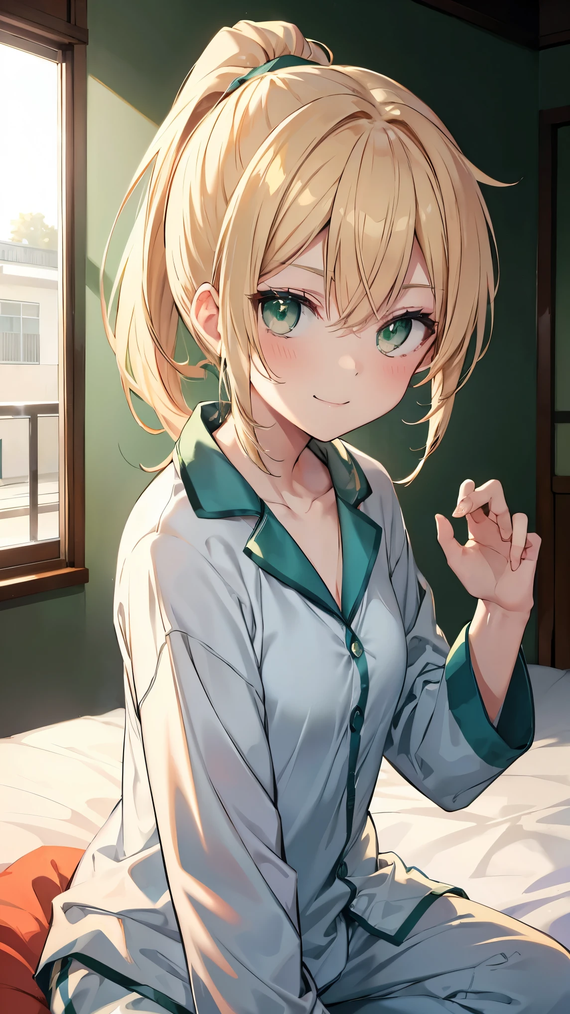 ,Highest quality,Blonde,Green Eyes,ponytail,Sportswear,Bedroom,On the futon,smile,pajamas,tatami,slender,