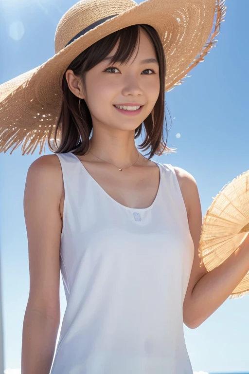 Real Photo,High resolution, Anatomically correct, High detail, Highest quality, A 20-year-old pure Japanese woman, Gentle smile, White sleeveless long dress, Large Breasts, Straw hat, Late summer beach, Natural beaches, Blowing in the fresh breeze, Dramatic backlighting, Reflected light illuminates the face from below, Sparkling sunlight, Sparkling shoreline