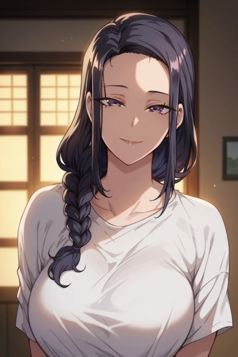 Tsubaki,1girl,mature female,long hair,black hair,purple eyes,hair over shoulder,braid,breasts,t-shirt,upper body,smile,looking at viewer,indoors