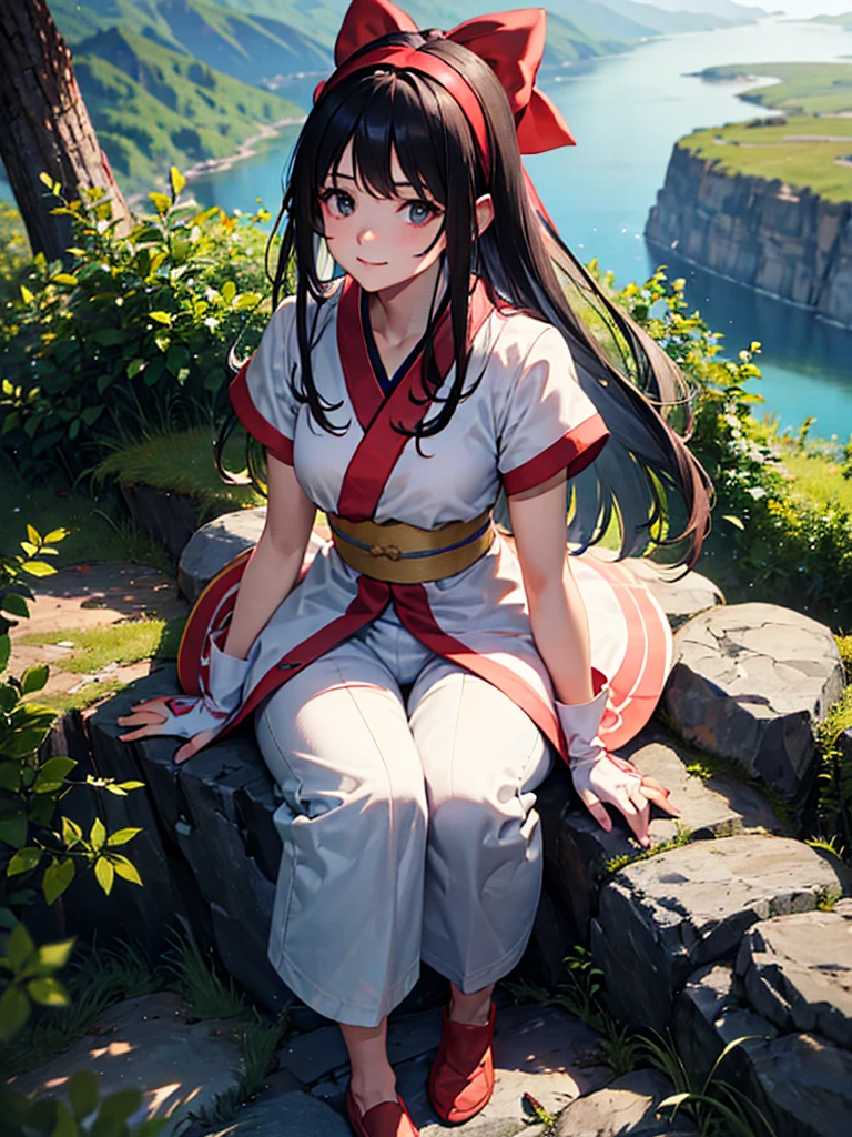 (in 8K、Maximum quality、Masterpiece artwork:1.2)、1womanl、(smiling grin:1.1)、beautiful eyes、valley、the upper part of the body、longye hair、as a 、longye hair、Green View、