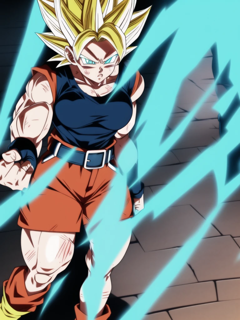 dbsuper style, 
Girl, green aura, super saiyan aura, belt, cyan hair, huge hair, bruise, bruise on face, clenched hands, frown, glasses, gloves, blue eyes, grey gloves, injury, medium breasts, huge muscular, solo, spiked hair, super saiyan, super saiyan 4, mouth opened, furious, military's uniform, widow's preak
, ((masterpiece)) 
