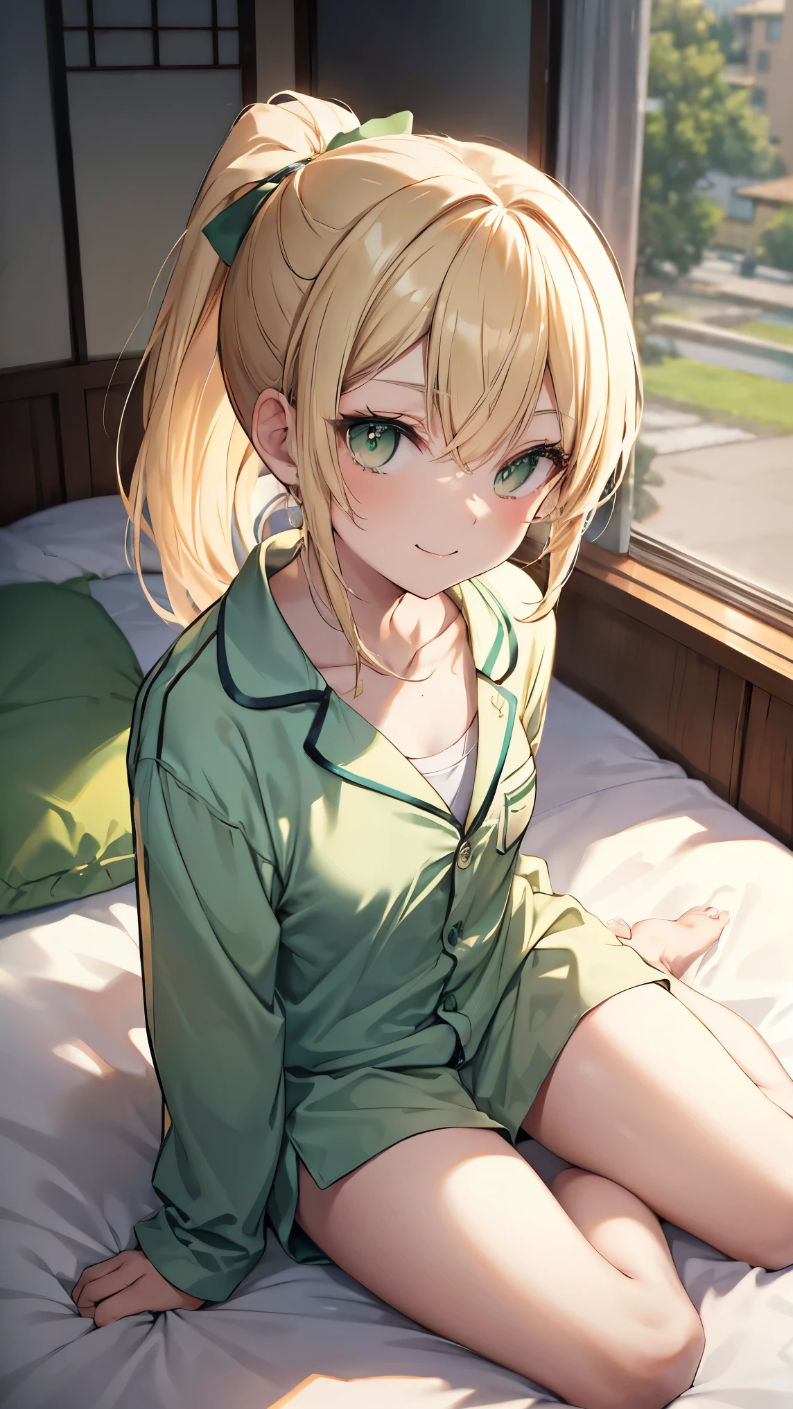 ,Highest quality,Blonde,Green Eyes,ponytail,Sportswear,Bedroom,On the futon,smile,pajamas,tatami,slender,