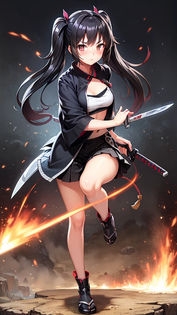 A Cute woman, kunoichi, unsheathing a katana sword, wearing a cheerleader costume, dojo background, perfect katana unsheating, 