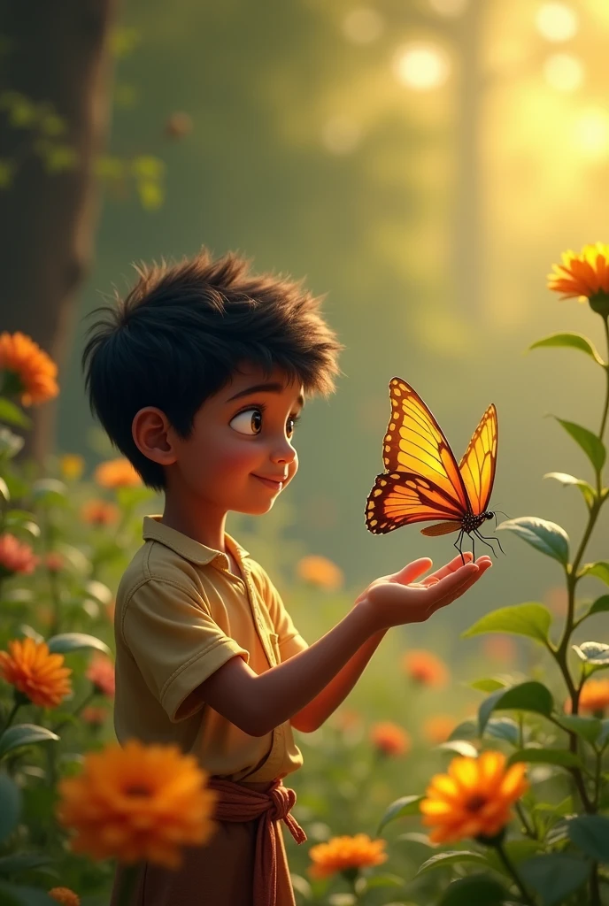 “The boy watches sadly as the butterfly, unable to fly, falls to the ground. He regrets his decision, understanding that his well-intentioned help has caused harm.”