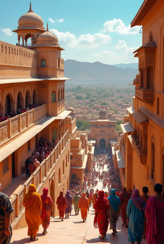 Jaisalmer Fort in the middle of a square area with towered walls extending far 