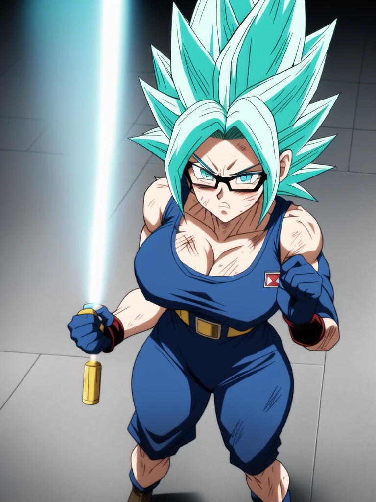 dbsuper style, 
Girl, green aura, super saiyan aura, belt, cyan hair, huge hair, bruise, bruise on face, clenched hands, frown, glasses, gloves, blue eyes, grey gloves, injury, medium breasts, huge muscular, solo, spiked hair, super saiyan, super saiyan 4, mouth opened, furious, military's uniform, widow's preak
, ((masterpiece)) 
