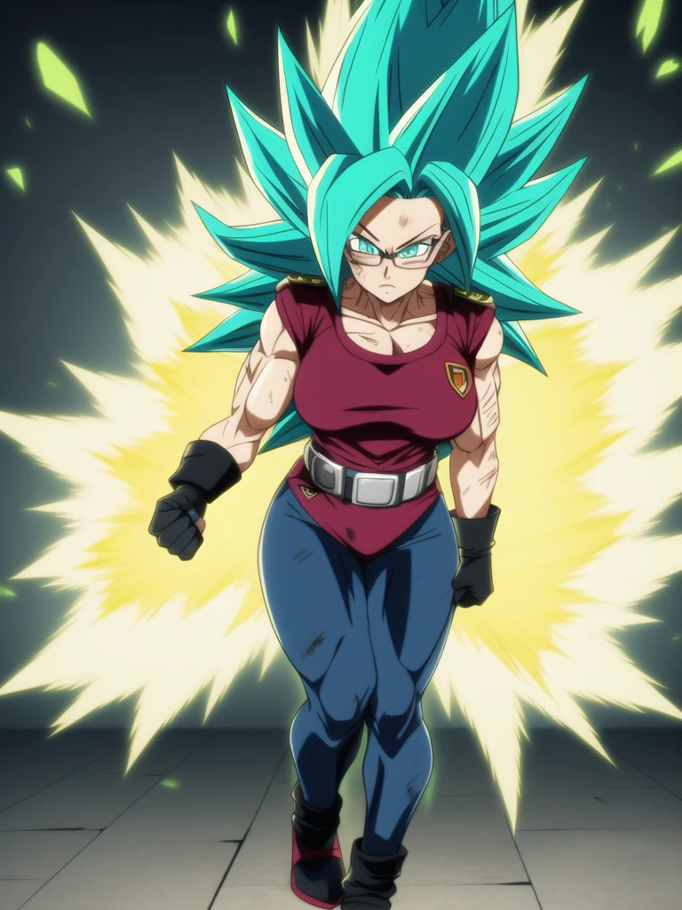 dbsuper style, 
Girl, green aura, super saiyan aura, belt, cyan hair, huge hair, bruise, bruise on face, clenched hands, frown, glasses, gloves, blue eyes, grey gloves, injury, medium breasts, huge muscular, solo, spiked hair, super saiyan, super saiyan 4, mouth opened, furious, military's uniform, widow's preak
, ((masterpiece)) 
