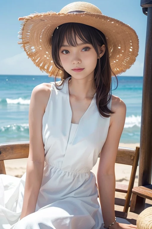 Real Photo,High resolution, Anatomically correct, High detail, Highest quality, A 20-year-old pure Japanese woman, Gentle smile, White sleeveless long dress, Large Breasts, Straw hat, Late summer beach, Natural beaches, Blowing in the fresh breeze, Dramatic backlighting, Reflected light illuminates the face from below, Sparkling sunlight, Sparkling shoreline