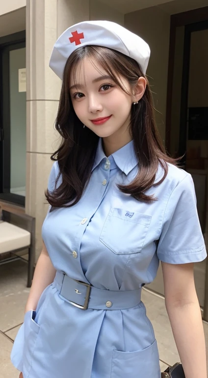 (masterpiece, Highest quality:1.2),alone,The eyes are exquisite and delicate,Long auburn hair、Pink Lips,blue eyes,Big Breasts、Wavy Hair、White nurse uniform、Japanese
