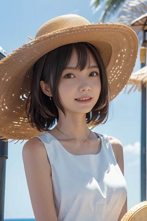 Real Photo,High resolution, Anatomically correct, High detail, Highest quality, A 20-year-old pure Japanese woman, Gentle smile, White sleeveless long dress, Large Breasts, Straw hat, Late summer beach, Natural beaches, Blowing in the fresh breeze, Dramatic backlighting, Reflected light illuminates the face from below, Sparkling sunlight, Sparkling shoreline