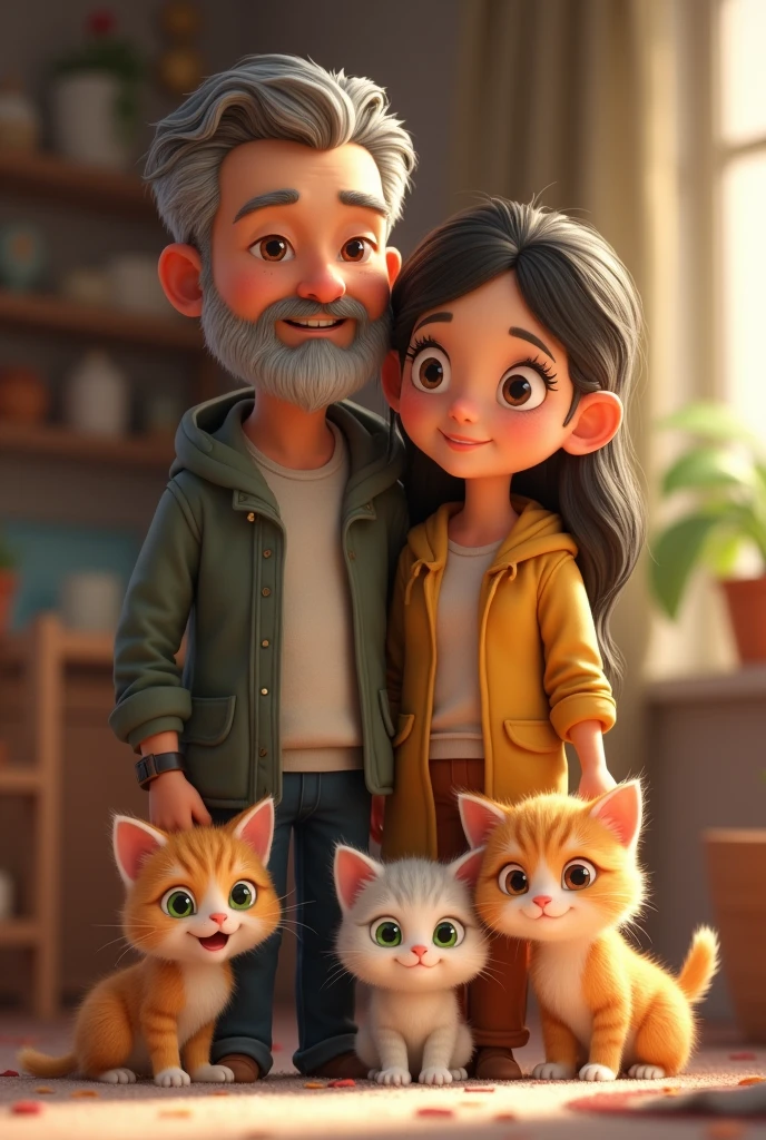  best quality,  high definition , distinct image, (Many (  Details) Little cat) And one girl:1.3), Focus on the cat, little (  Details) Cats around a girl,The background is a backstory ,  Detailsな日光,  is sitting,  old man hugging young girl , Front View, (Viewers staring at a cat:1.2),  is sitting on the floor grasping knees, ( happy :1.3) , (kitten)