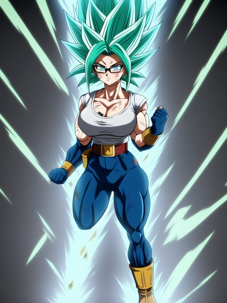 dbsuper style, 
Girl, green aura, super saiyan aura, belt, cyan hair, huge hair, bruise, bruise on face, clenched hands, frown, glasses, gloves, blue eyes, grey gloves, injury, medium breasts, huge muscular, solo, spiked hair, super saiyan, super saiyan 4, mouth opened, furious, military's uniform, widow's preak
, ((masterpiece)) 
