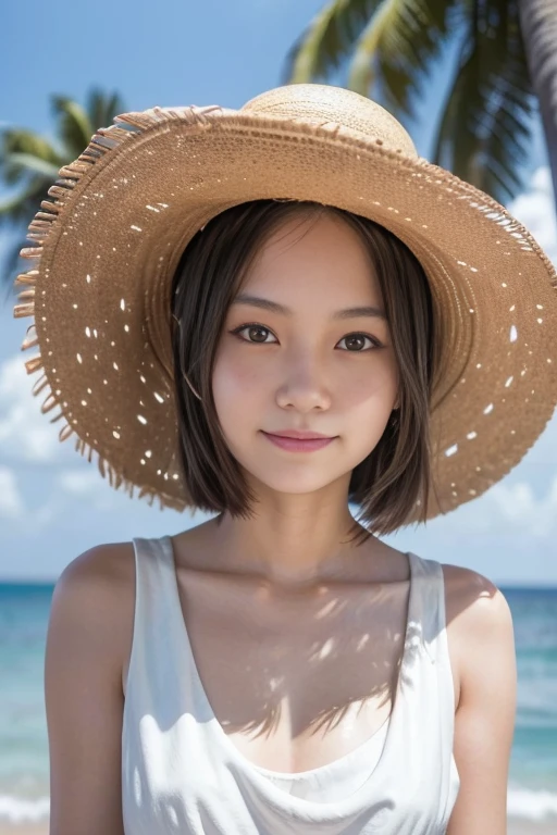 Real Photo,High resolution, Anatomically correct, High detail, Highest quality, A 20-year-old pure Japanese woman, Gentle smile, White sleeveless long dress, Large Breasts, Straw hat, Late summer beach, Natural beaches, Blowing in the fresh breeze, Dramatic backlighting, Reflected light illuminates the face from below, Sparkling sunlight, Sparkling shoreline