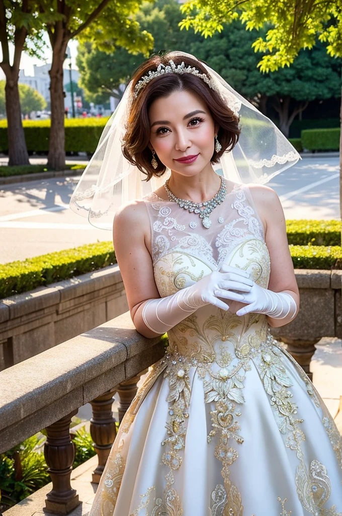 ((Masterpiece)), ((Best Quality)), A middle-aged short-hair woman, ((She is wearing an ornamental wedding dress)), She is wearing gloves on her hands., outdoor, She is in a garden. She is wearing a big necklace, She is wearing a wedding veil.