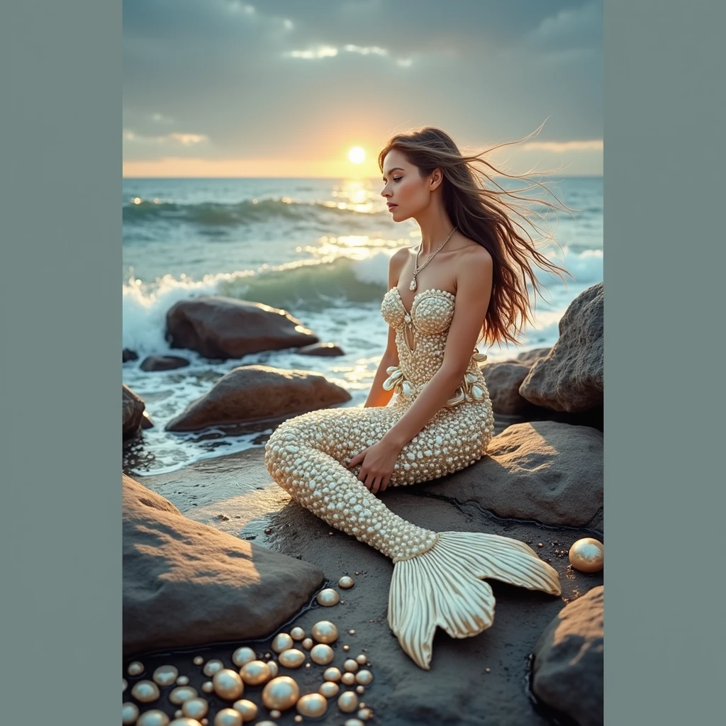 a woman with a starfish over her eyes wearing it as if it were a mask over her eyes and the starfish has small blue lights that shine, the woman stands on a black stone carved with symbols in a rough sea rising hands towards the sky in a Sandro Botichelli style painting, with slightly blue skin and small scales on her face, she has long hair decorated with gold and pearly tiaras and breasts covered with shells (Lying position on the carved rock with a pronounced mermaid tail )(MAR PICADO Y LUNA ILUMINANDO) (MUJER REALISTA CON PIEL AZULADA TENUE) mascara de estrella marina tapando sus ojos (piedras muy negras)