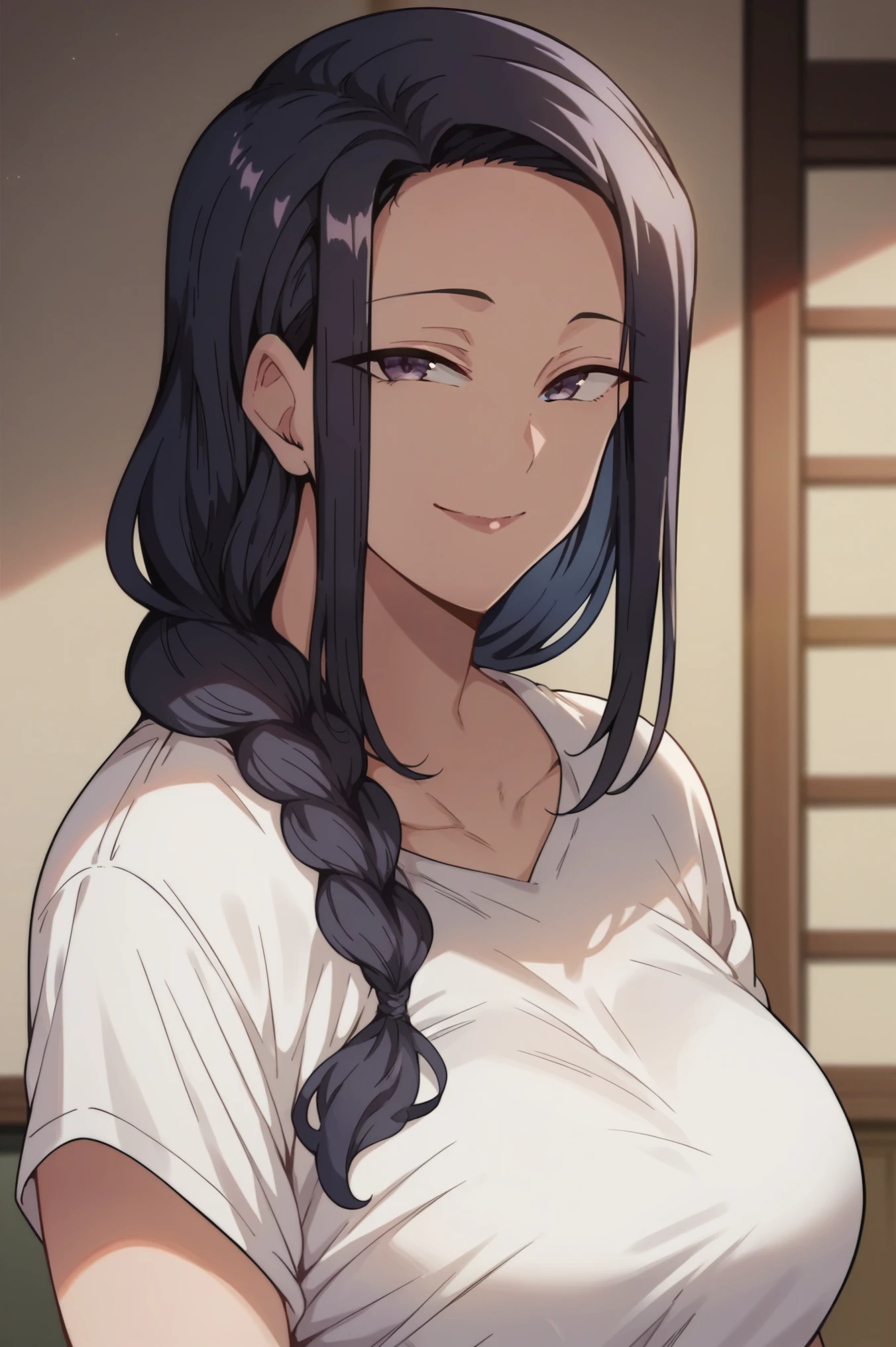 Tsubaki,1girl,mature female,long hair,black hair,purple eyes,hair over shoulder,braid,breasts,t-shirt,upper body,smile,looking at viewer,indoors