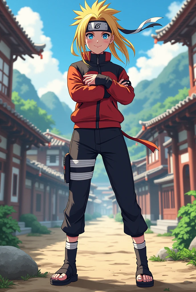 perfect character with a red outfit and yellow hair crouching down, realistic