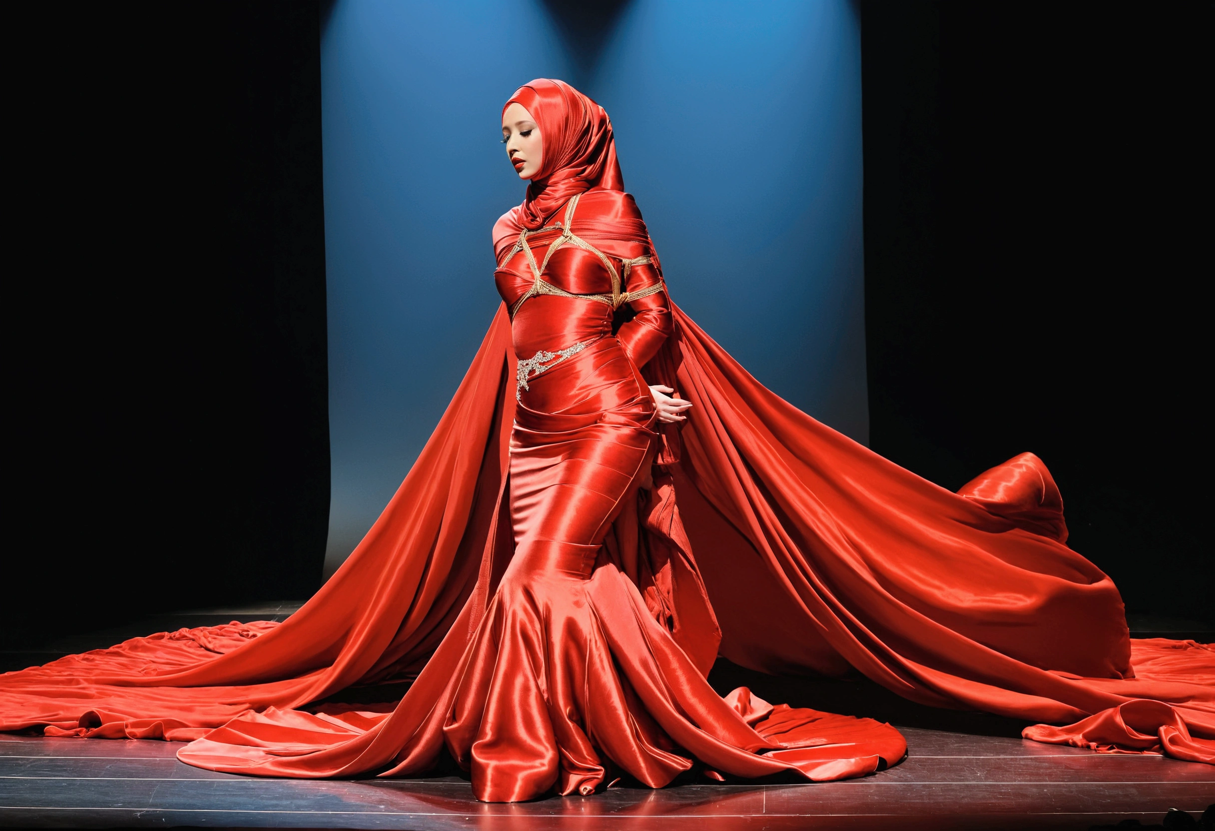 A woman shrouded in a 8-meter-long, plush red satin cloth, tightly bound and grandly draping along the form of her body, flowing off into a pooled floor-length train, styled in a mermaid-inspired outfit with very long train outfit, her head modestly veiled in a satin hijab, tall woman, on stage, sing in front of a microphone stand, a full-body pose conveying a sense of mysterious elegance, captured in a 4k resolution, ultra-realistic