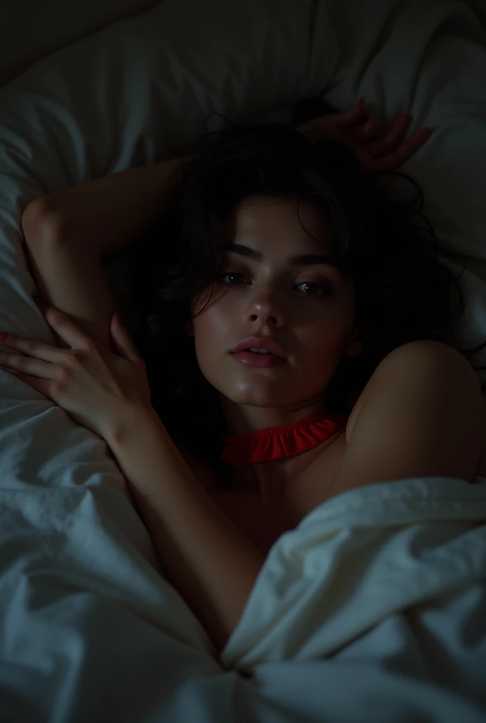 (seductive:1.1) (18. (women:1.1) (lying:1.1) under the (It covers:1.1), Lying on her side in bed, (Dark:1.2) Wavy hair is totally (naked:1.1) in a completely (Dark:1.1) open room with the (Alone:1.1) (soft lighting from one large softbox directland above and in front of her:1.1). she is wearing a BDSM (red choker:1.1) she is (sensual:1.4) and (bright:1.2). The scene is shot with (Kodakportra1600:1.1) (film grain:1.1) (Camara analogica:1.1) (sharp details:1.1) (50mm:1.1)