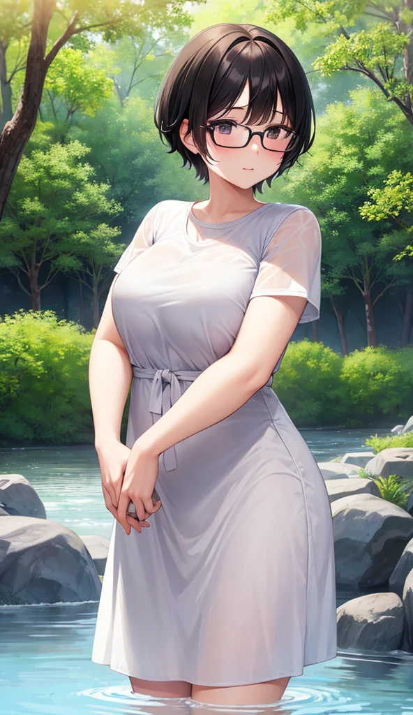 Highest quality、Ultra-high quality、woman、high school student、short hair、Completely naked、Green Eyes、Star Eyes、White stars in both eyes、Large Breasts、Nipples、右手の親指と人差し指でwoman器を開く、左手の人差し指と中指をwoman器に挿れる、woman器が濡れる、Sit on the ground、Spread your legs、in the forest
