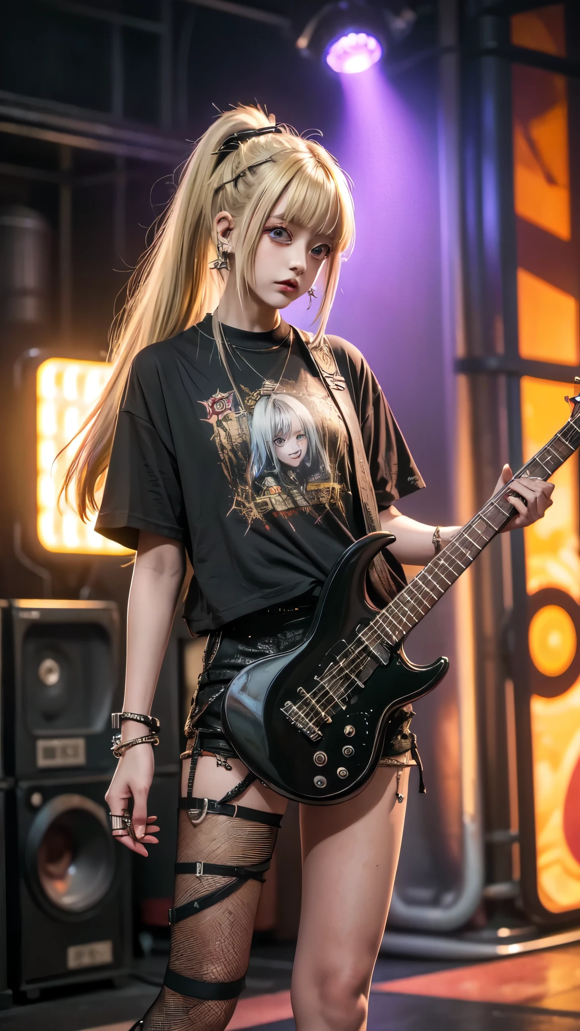 colorful, Bright atmosphere, High-quality images, masterpiece, reality, Beautiful woman, Big eyes, Thin limbs, colorfulなメイクアップ, Blonde ponytail,, Wearing a heavy metal T-shirt,, Wearing hot pants (Wearing lots of metal jewelry,) Electric guitar, on stage.