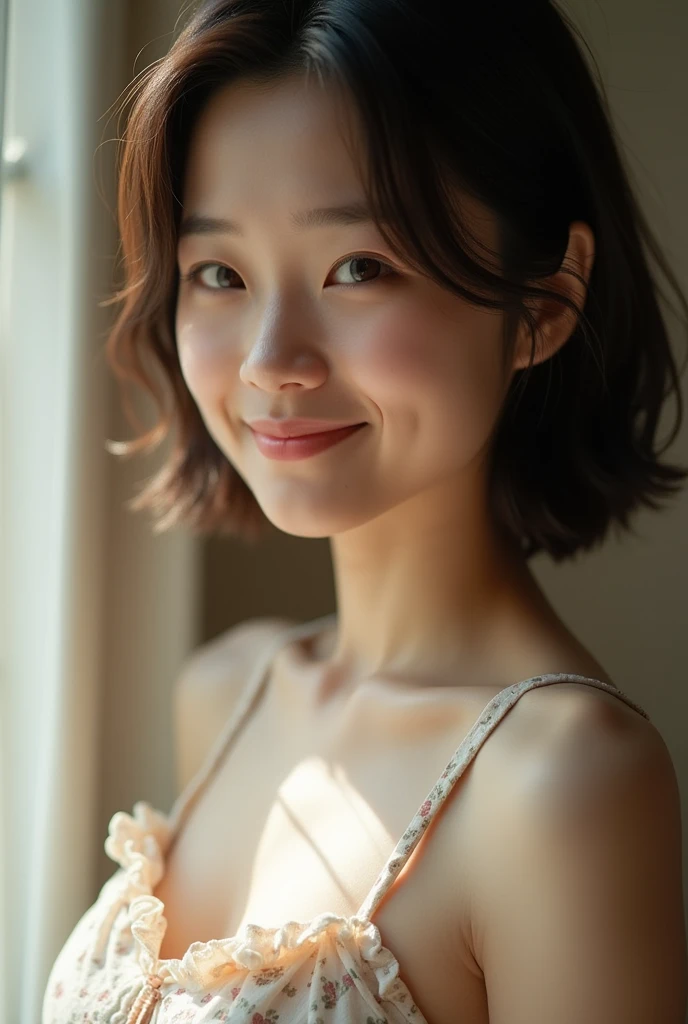 A beautiful Japanese woman with a bob haircut, naked under natural light, is smiling gently.。she２０She is wearing hairpins in her hair at the age of。