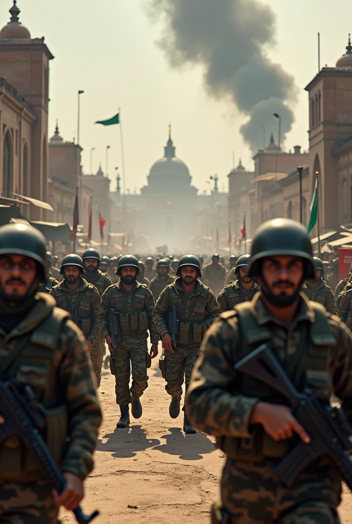 ((qualidade realista)) ((artistic work)) ((qualidade perfeita)) Crowd of soldiers running forward in dark clothes with flags pointed at the sky, dia nublado, Dia escuro