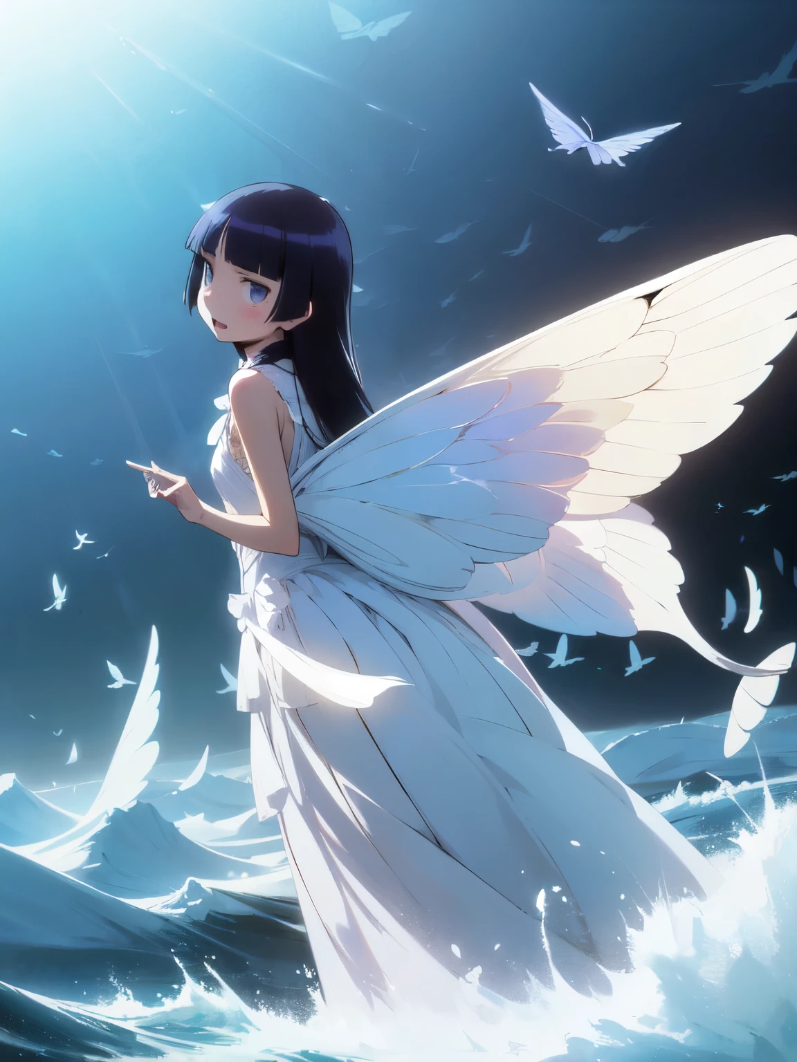 ((Siren)), ((Fairyの翼)), butterfly wings, ((ruri gokou)), girl, alone, Hime cut, Long Hair, Soft Light, Graceful appearance, In the sea, Blue Eyes, Emerald Shades, star々The brilliance, Magical Aura, Fantasy art, Fairy, whole body